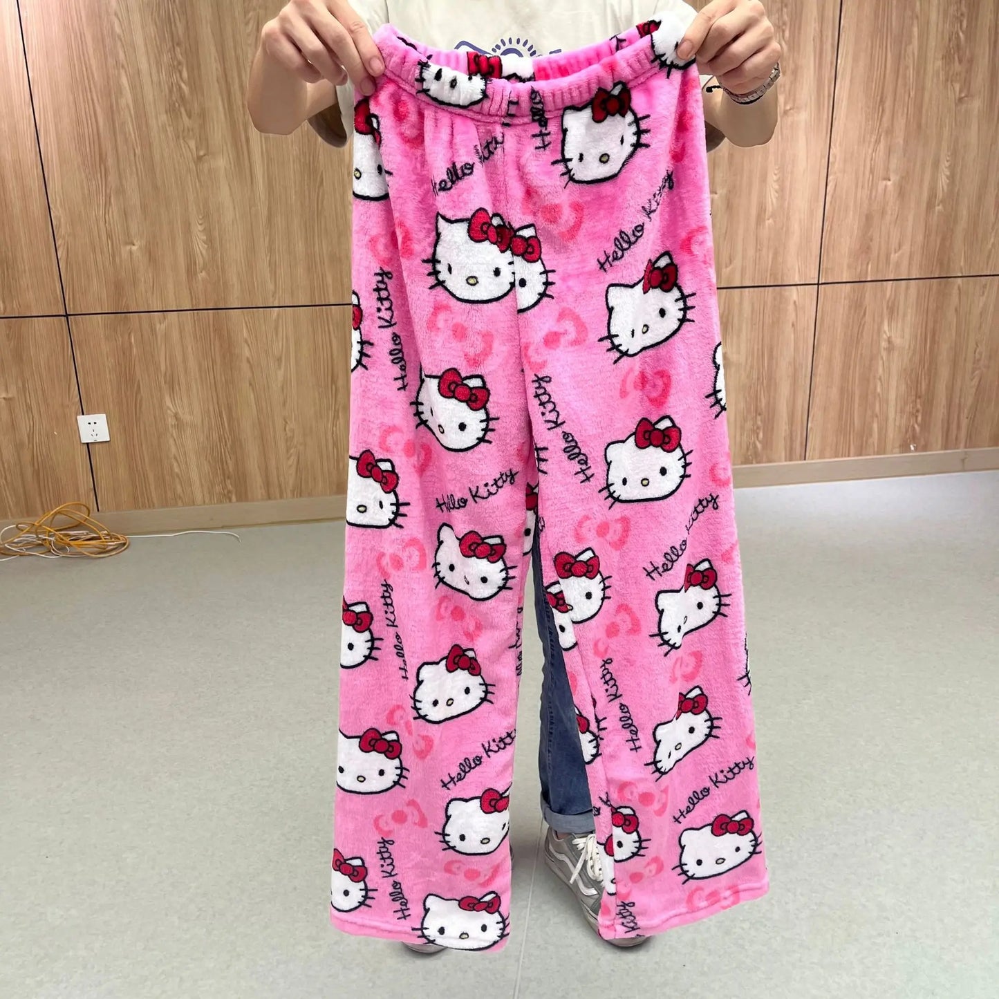 2024 Hello Kitty Pajamas Halloween Flannel Fashion Trouserswomen Kawaii Woolen Anime Cartoon Casual Home Pants Autumn