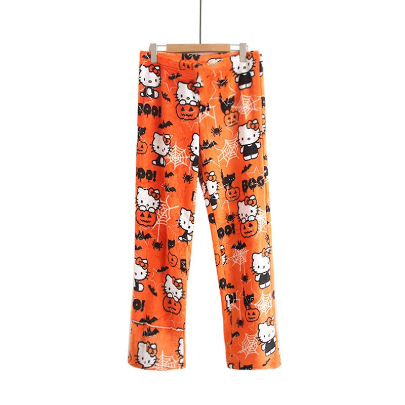 2024 Hello Kitty Pajamas Halloween Flannel Fashion Trouserswomen Kawaii Woolen Anime Cartoon Casual Home Pants Autumn