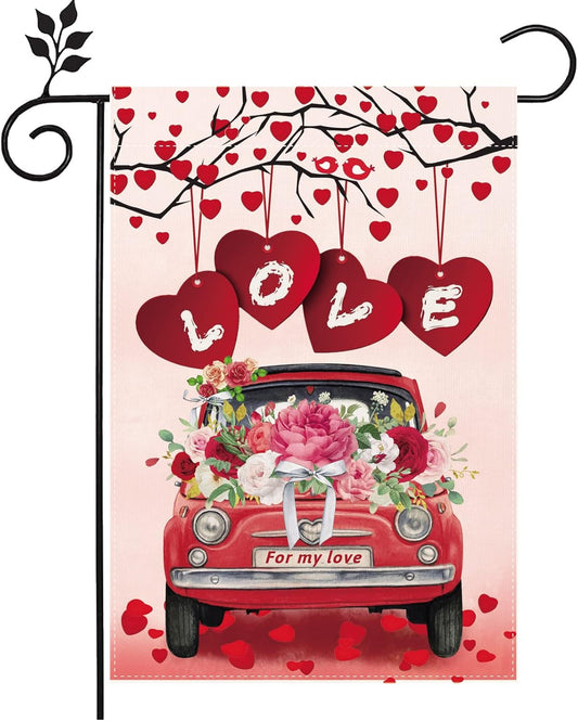 Valentines Day Garden Flag 12 X 18 Inch Double Sided Valentine Burlap Yard Flags Red Truck with Flower Love Heart Tree Small House Flags Spring Outdoor Valentine'S Day Decorations