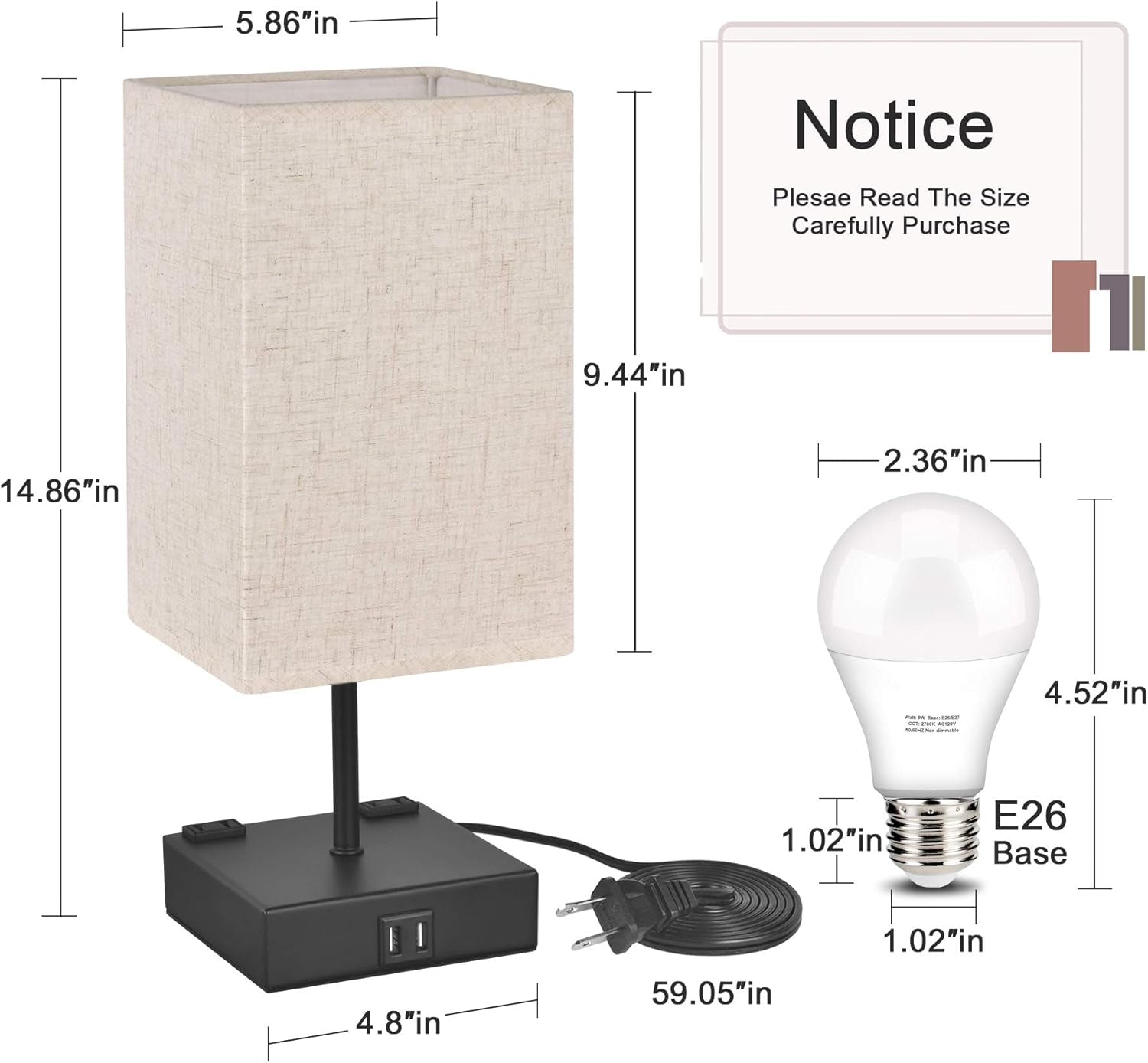 3-Way Touch Control Table Lamp Dimmable, Bedside Lamp with 2 USB Charging Ports and AC Outlets,Modern Nightstand Lamp with Square Fabric Shade and Dimmable LED Bulb for Bedrooms, Guest Room