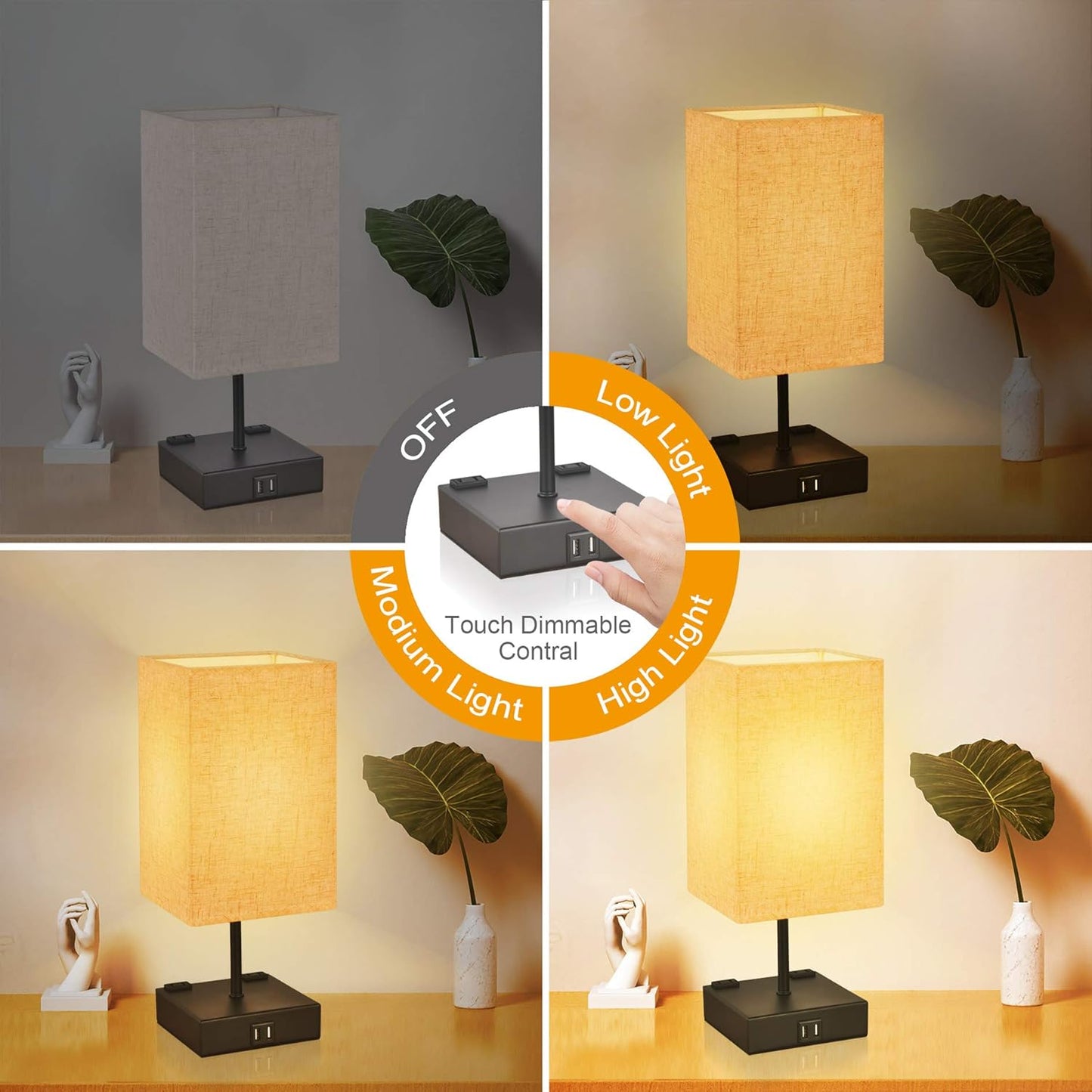 3-Way Touch Control Table Lamp Dimmable, Bedside Lamp with 2 USB Charging Ports and AC Outlets,Modern Nightstand Lamp with Square Fabric Shade and Dimmable LED Bulb for Bedrooms, Guest Room