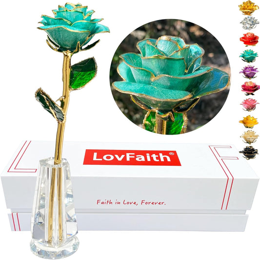 Valentine Gift Real Rose Dipped 24K Gold with Crystal Stand, Best Anniversary Rose Gift for Her Wife Mother Birthday Christmas (C21. Teal Blue -Thick Gold Blooming)