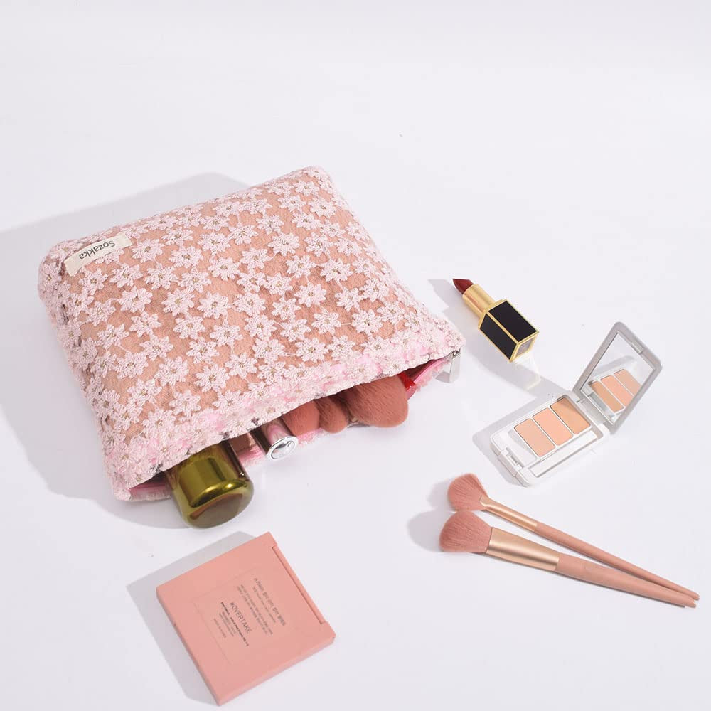 Daisy Makeup Bag Cosmetic Bag for Women,Large Capacity Canvas Makeup Bags Travel Toiletry Bag Accessories Organizer,Pink