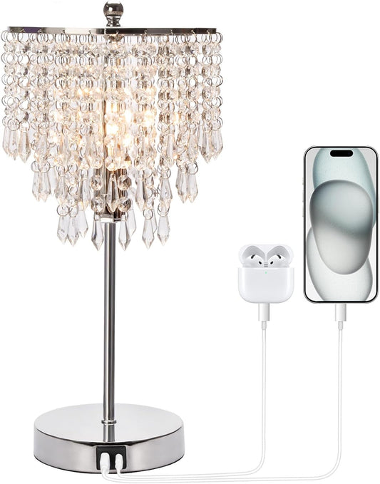 Touch Control Crystal Table Lamp with USB C+A Charging Ports, 3-Way Dimmable Bedside Touch Lamp Decorative Nightstand Lamp with Elegant Lampshade for Living Room Bedroom, B11 LED Bulb Included