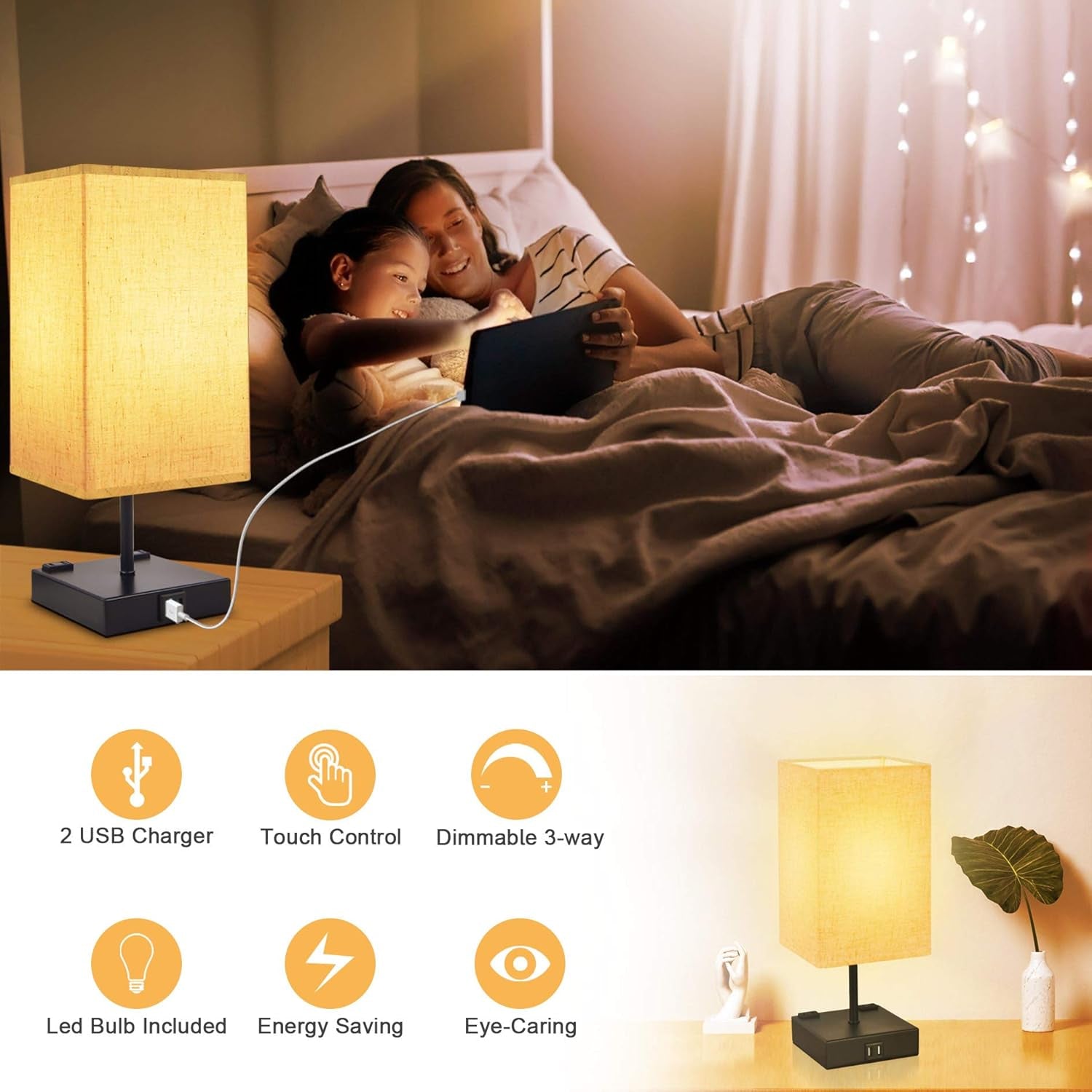 3-Way Touch Control Table Lamp Dimmable, Bedside Lamp with 2 USB Charging Ports and AC Outlets,Modern Nightstand Lamp with Square Fabric Shade and Dimmable LED Bulb for Bedrooms, Guest Room