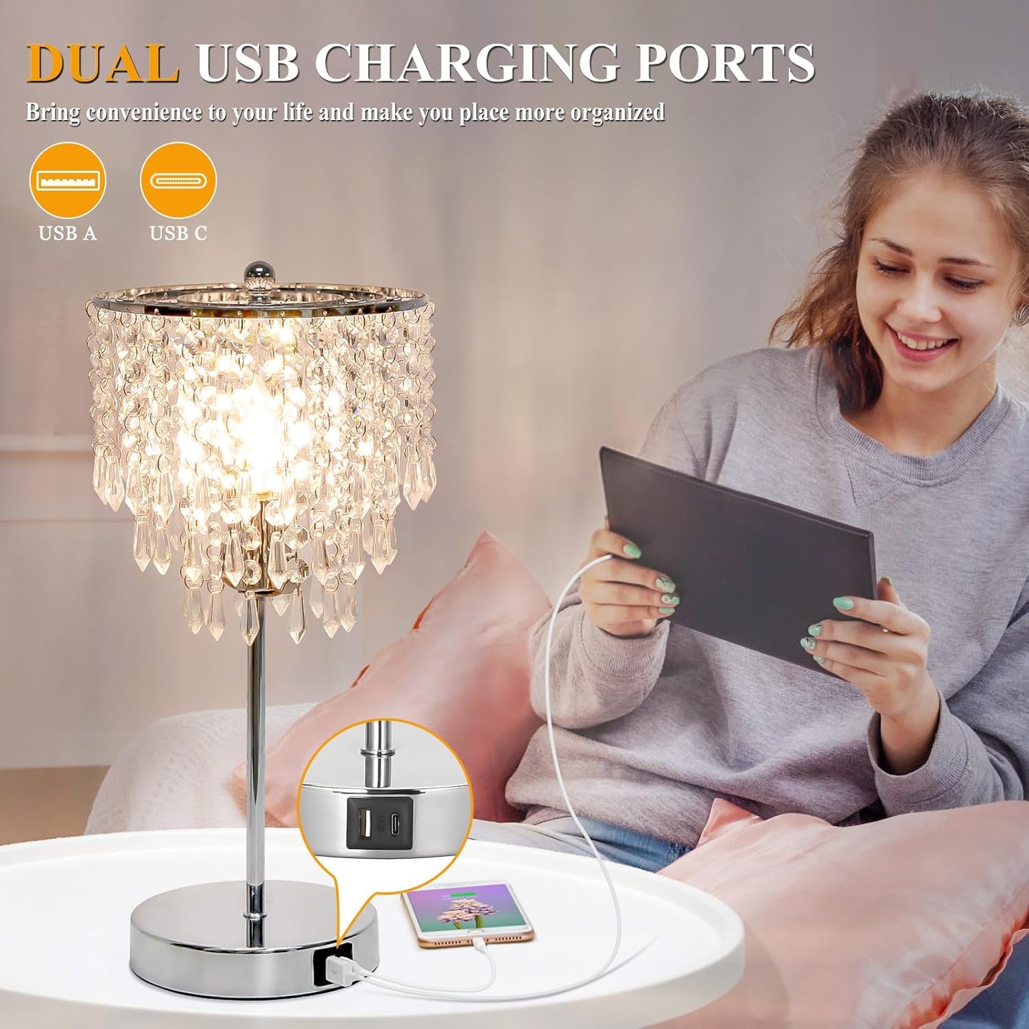 Touch Control Crystal Table Lamp with USB C+A Charging Ports, 3-Way Dimmable Bedside Touch Lamp Decorative Nightstand Lamp with Elegant Lampshade for Living Room Bedroom, B11 LED Bulb Included