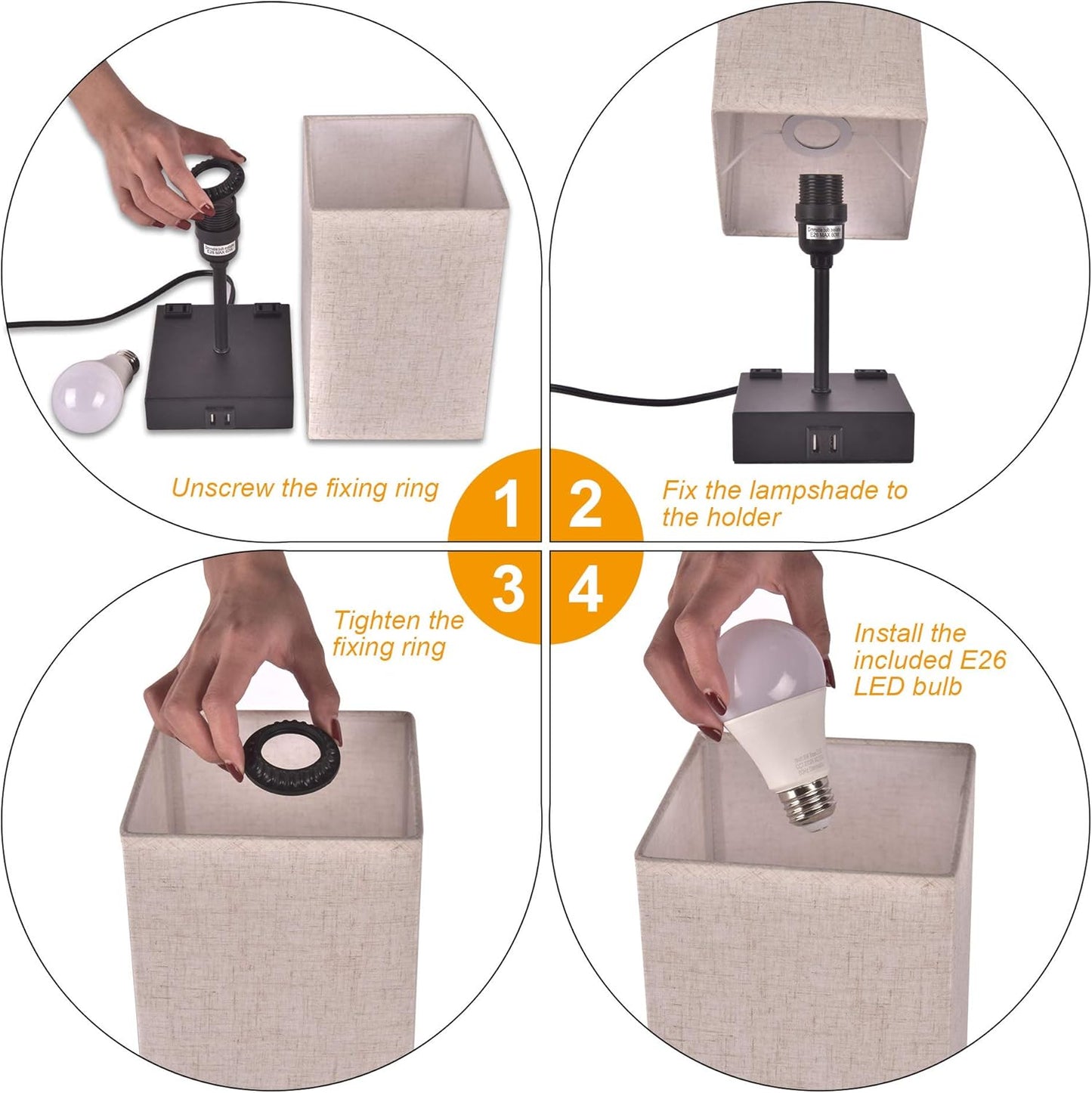 3-Way Touch Control Table Lamp Dimmable, Bedside Lamp with 2 USB Charging Ports and AC Outlets,Modern Nightstand Lamp with Square Fabric Shade and Dimmable LED Bulb for Bedrooms, Guest Room