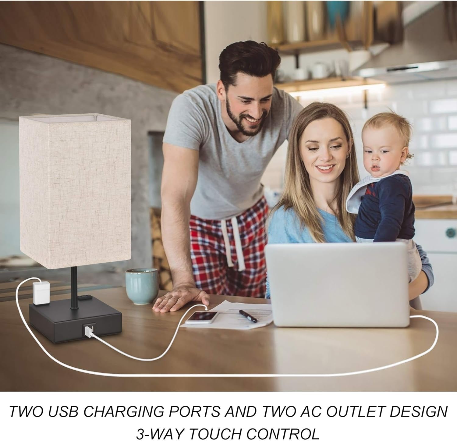 3-Way Touch Control Table Lamp Dimmable, Bedside Lamp with 2 USB Charging Ports and AC Outlets,Modern Nightstand Lamp with Square Fabric Shade and Dimmable LED Bulb for Bedrooms, Guest Room